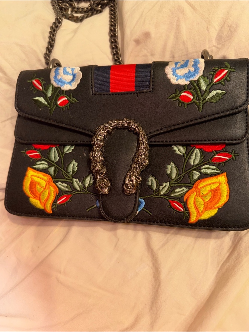 Embroidered Floral Black Shoulder Bag with Chain Strap